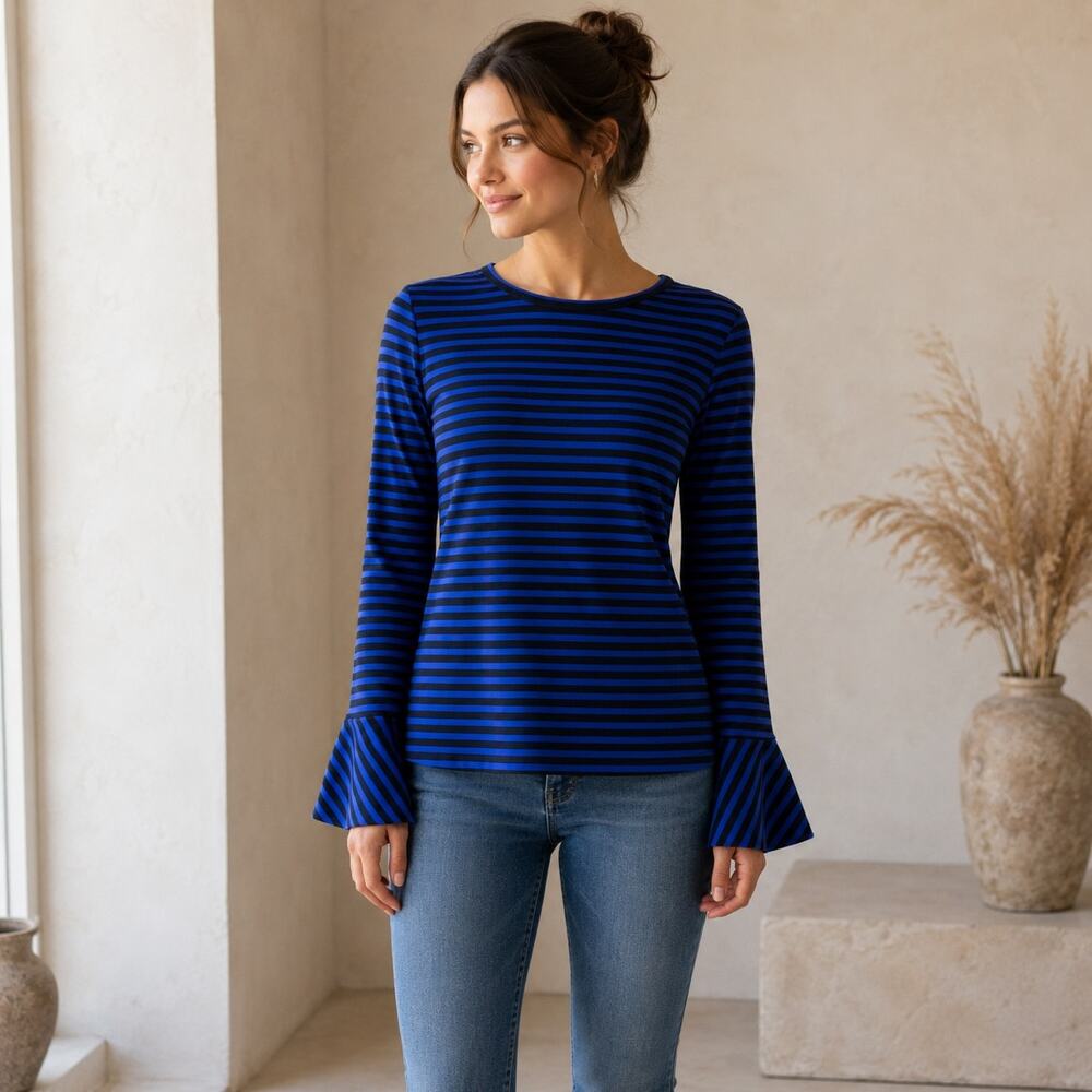 Draper James Blue Sadler Stripe Ponte Knit  Flared Sleeve Knit Top XS